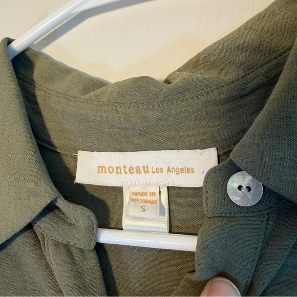 Monteau Size Small Relaxed Olive Green Button-Front Short Sleeve Shirt - Picture 3 of 6